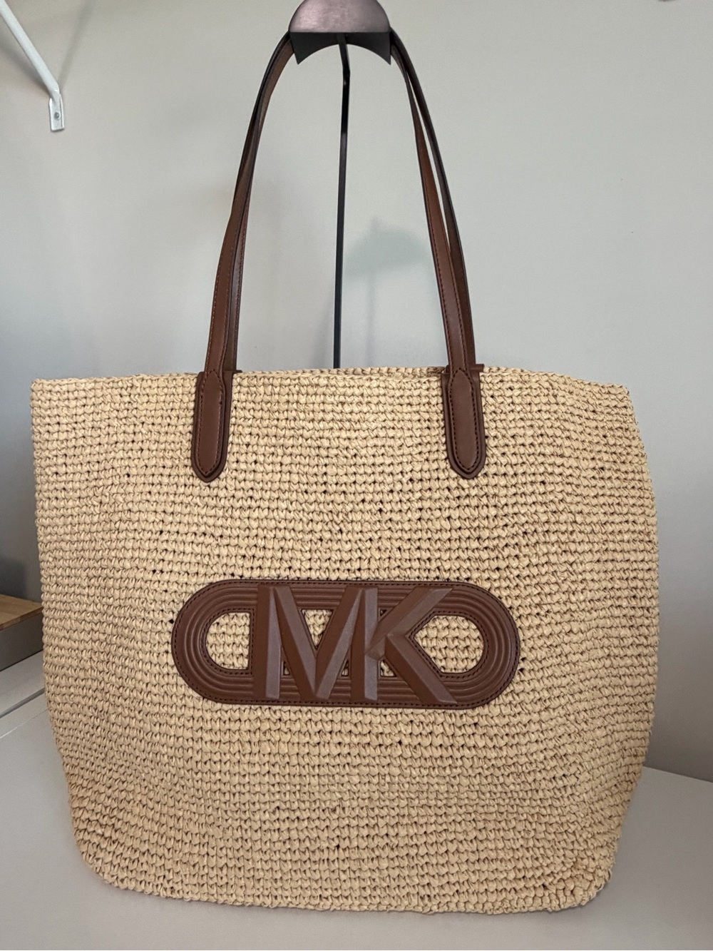 Michael Kors Natural Straw Tote with Brown Leather Trim